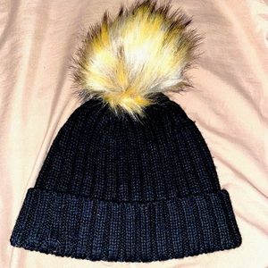J Crew-Black fur Pom winter hat